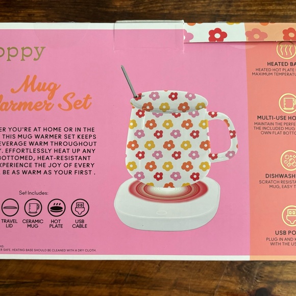 XO Poppy Mug Warmer Set "NEW" Set Includes Mug Lid Hot Plate Spoon USB Cable - Picture 3 of 4